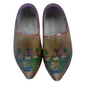 Vintage Dutch Holland Wooden Carved Hand Painted Clogs Shoes Decor